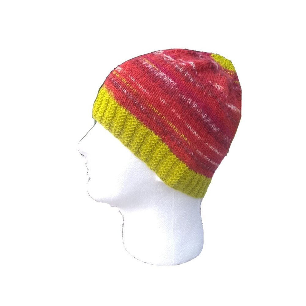 Mens Alpaca Wool Beanie Skully Hand Knit Hat Light Thin Faux Fair Isle Green Red - Picture 2 of 10